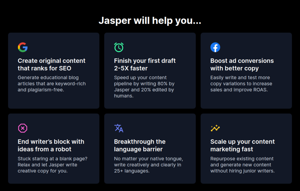 Capture des exemples d'utilisations de Jasper AI